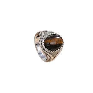 Silver Engraved Ring with Marbled Brown Tiger Oval Stone